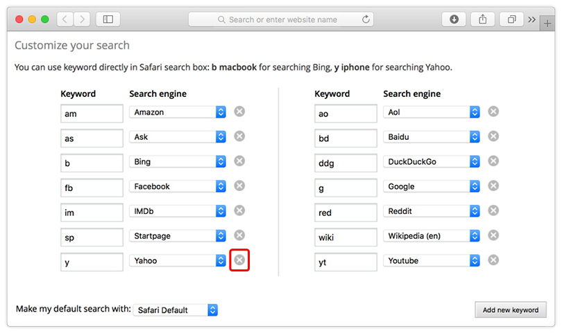 Remove search engine in Safari OS X