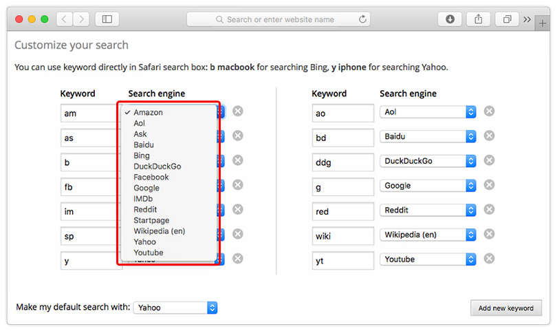 How to change he search engine in Safari